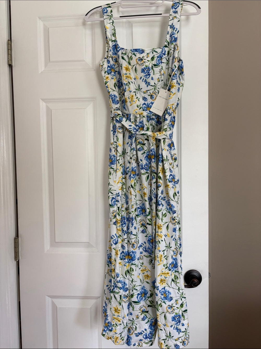 White Floral Midi Dress with Blue & Yellow Blooms